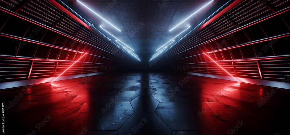 Fototapeta premium Triangle Neon Laser Fluorescent Red Blue Glowing Sci Fi Futuristic Warehouse Hangar Spaceship Realistic Showroom Steel Metal Frame Corridor Tunnel Dark Underground Basement 3D Rendering