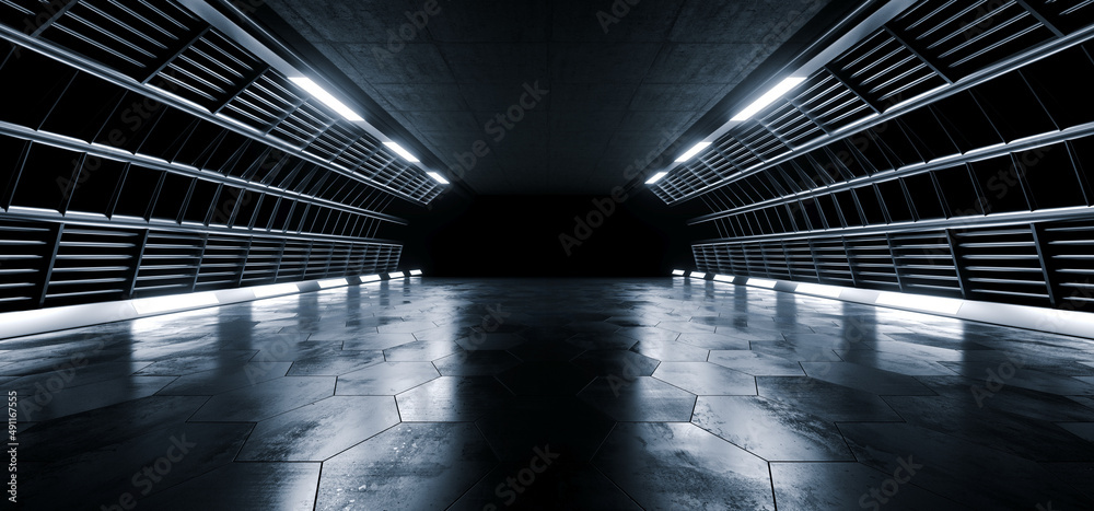 Sci Fi Futuristic Warehouse Hangar Stage Podium Spaceship Realistic Showroom Concrete Asphalt Cement Steel Metal Frame Corridor Tunnel Dark Underground Basement 3D Rendering - obrazy, fototapety, plakaty 