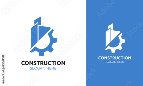 Building construction logo design with gear vector illustration
