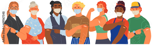 Stop coronavirus agitation concept. Vaccination promo, immunization of workers. Vaccine saves lives. People wearing protective mask showing their arm with bandage after receiving covid-19 vaccine