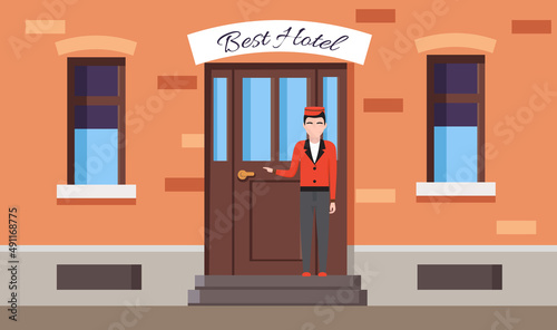 Doorman standing in front of hotel entrance doors. Young man in uniform working as belboy. Hotel employee opening doors to visitors. Male doorman near large building gates vector illustration
