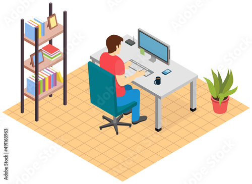 Office workplace. Business man professional working with laptop and documents on table isolated illustration. Employee working from home, remote job using personal computer for tasks completion