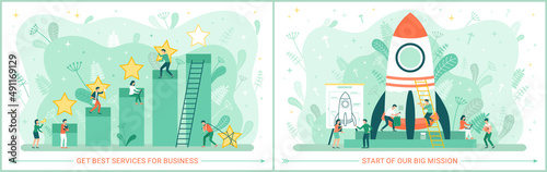 Team is working with best services for business. Launching business project, successful strategy. Characters planning rocket launch, prepare spaceship. People collect and work with rating stars
