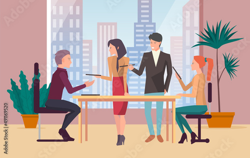 Businesspeople have project strategy planning meeting. Teamwork with business plan, creating new creative project. Meeting to discuss starting business. Colleagues discussing work in entrepreneurship