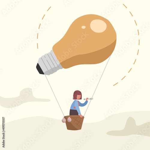 Business flat drawing smart businesswoman flying on air balloon with light bulb. Cute female character looking through spyglass in search of creative idea. Business vision. Cartoon vector illustration