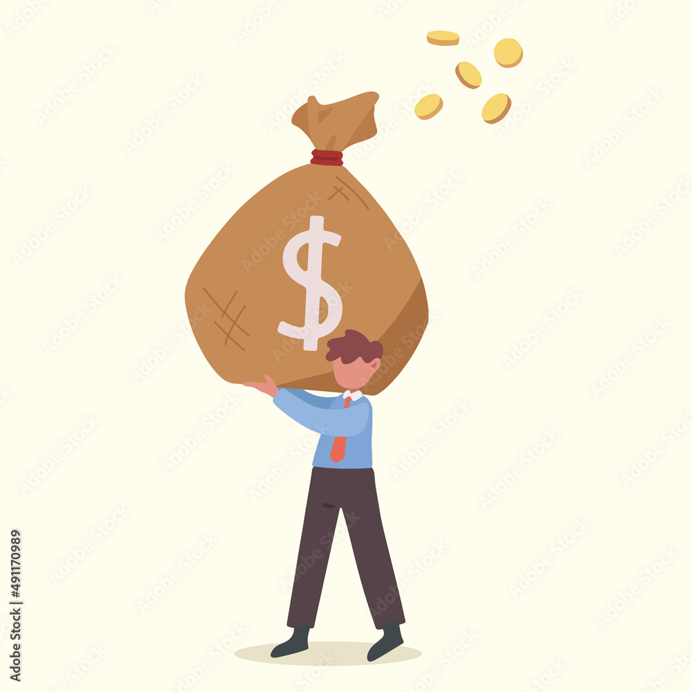 Business concept flat happy businessman lifting sack of money payday. Male manager holding large bag full of money. Worker carrying big heavy sack full cash money. Graphic design vector illustration Business concept flat happy businessman lifting sack of money payday. Male manager holding large bag full of money. Worker carrying big heavy sack full cash money. Graphic design vector illustration