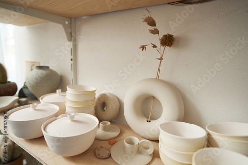 Modern ceramic wares stored in pottery studio