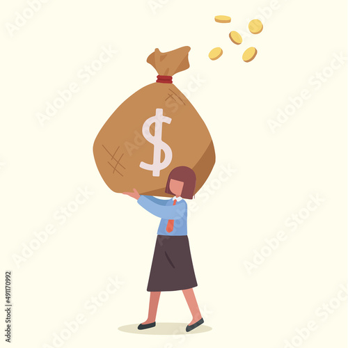 Business concept flat happy businesswoman lifting sack of money payday. Female manager holding large bag full of money. Worker carrying big heavy sack full of cash money. Design vector illustration