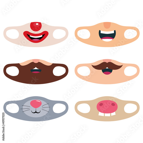 Coronavirus face mask design. Print design concept of face protection masks. Funny cartoon faces - smile, bearded guy, mustache, clown, mouse, pig, Illustration, vector