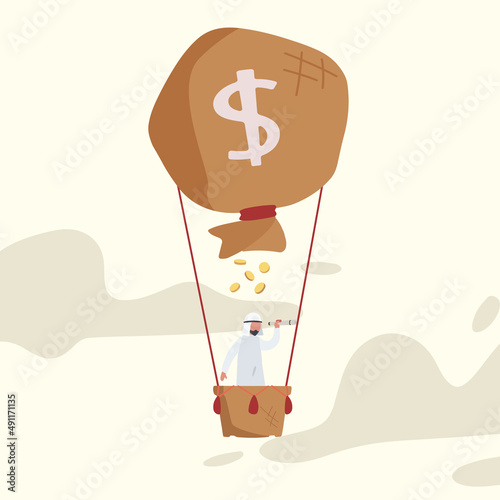 Business concept flat Arabian businessman in hot air balloon with money bag looking with telescope or monocular. Business concept searching, growth, leadership, investment. Design vector illustration