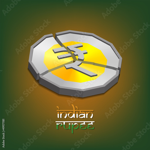 Broken into pieces 3d Indian bimetallic rupee coin. The fall of the currency. Financial crisis