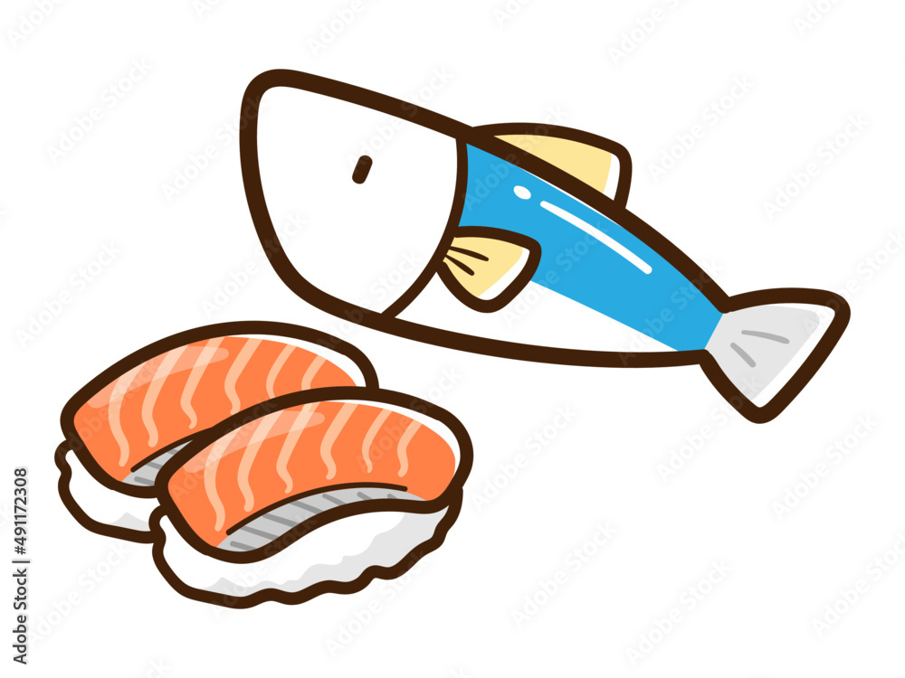 魚とサーモンの寿司のかわいい手描き風イラスト Stock Vektorgrafik Adobe Stock