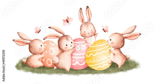 Watercolor Illustration Easter Rabbit and Easter Egg 