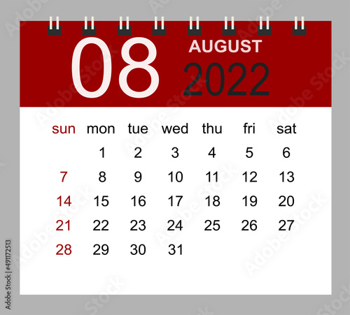 August 2022. Vector monthly calendar template 2022 year in simple style for template design. Week starts from Sunday.