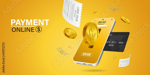 Bill of expenses is on mobile phone.Pay bills with mobile phone.Online shopping spending.Online shopping via smartphone.Bill payment flat isometric vector concept of mobile payment, shopping, banking.