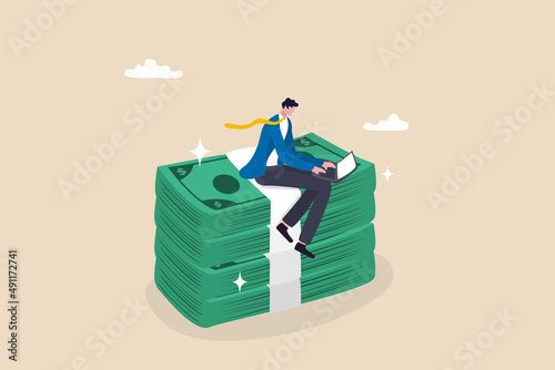 High paying jobs or high salary career, excellent income and wages, make money online with computer and internet concept, happy businessman working with computer laptop on stack of money bundle.
