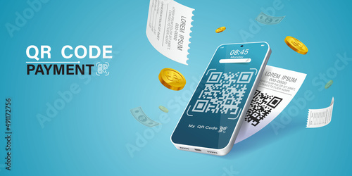 Scan Qr code and pay with mobile phone.
Mobile scan QR code pay bill on top of invoice on blue background.
Convenient and fast mobile bill payment concept.online transactions, payment,with application photo