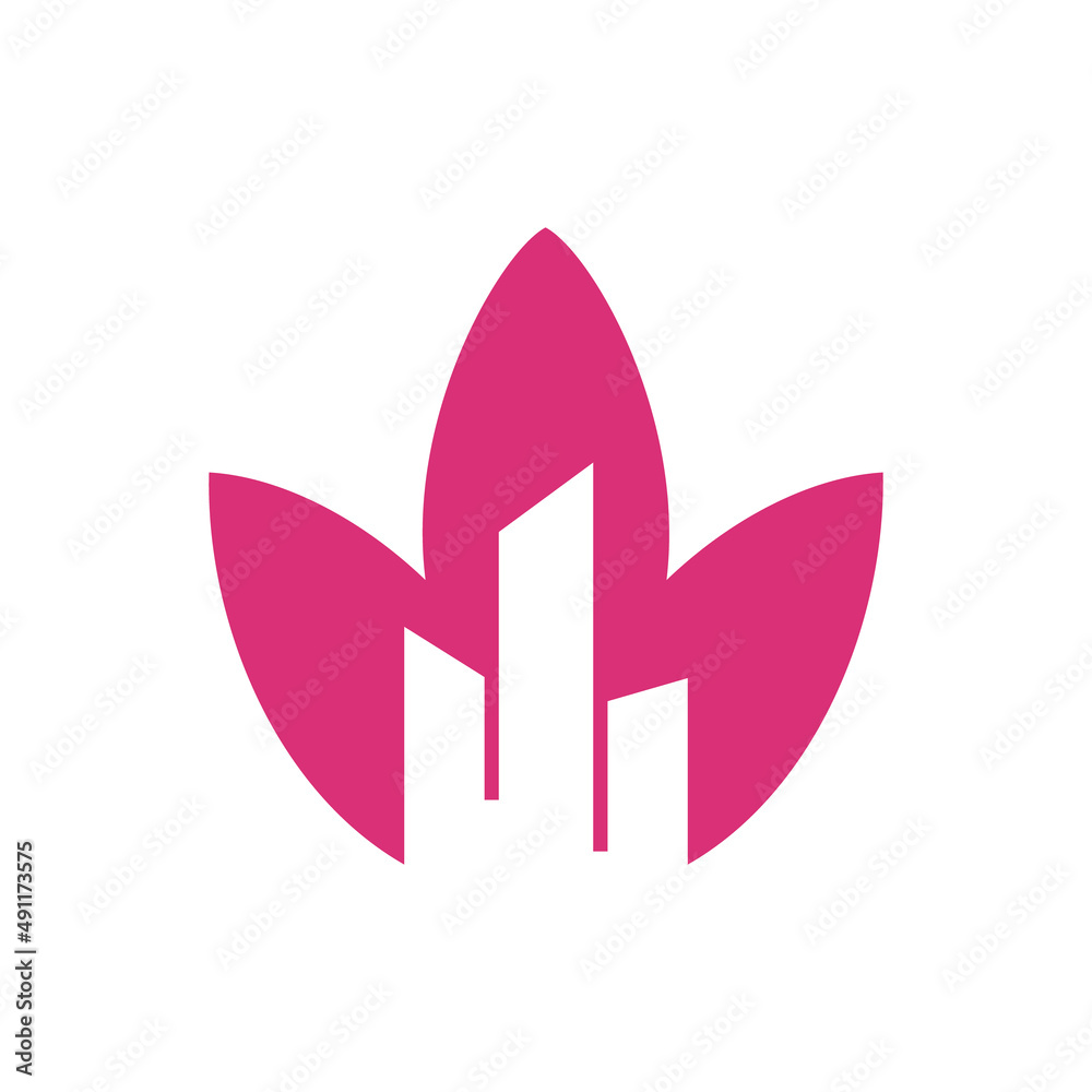 Lotus flower and building combination in white background, flat minimalist vector logo design editable