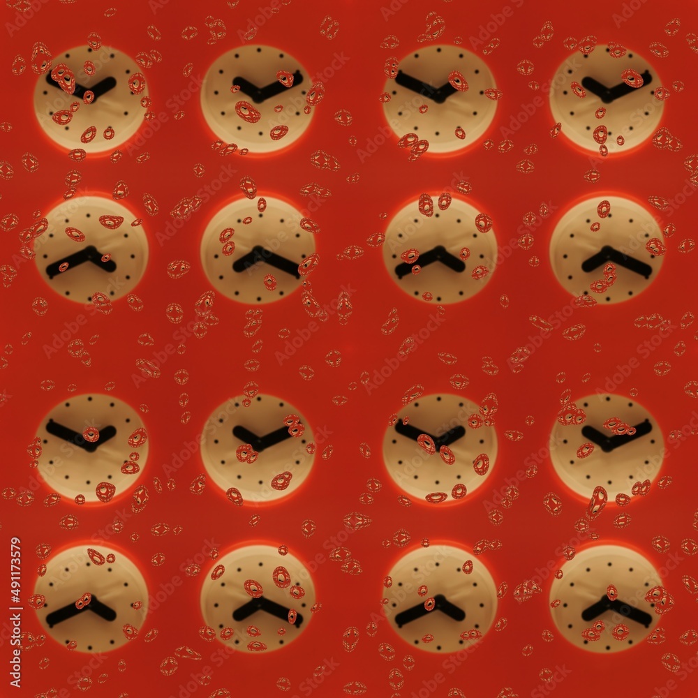Obraz premium pattern and 3D illustration design based on many clock faces on a bright red background