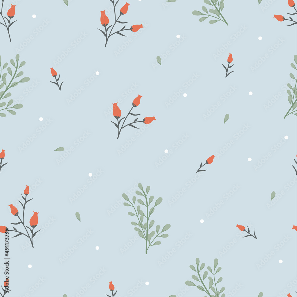 Seamless spring flower with wild flora on blue background, Vector illustration Repeat pattern Vintage cute floral for wrapping,textile,wallpaper or fabric concept