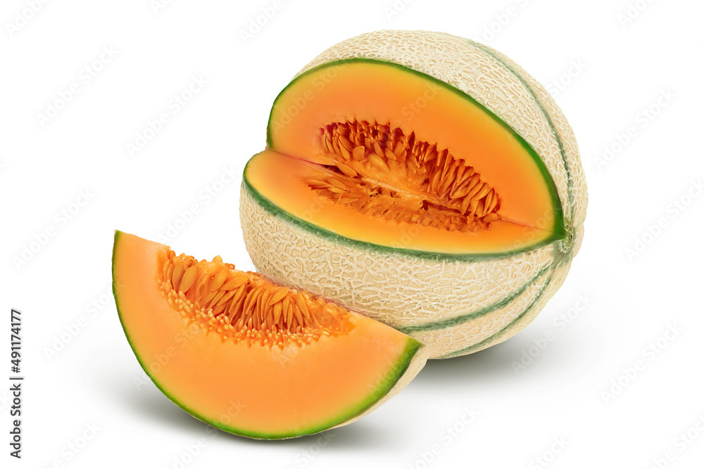 Cantaloupe melon isolated on white background with clipping path and full depth of field, - obrazy, fototapety, plakaty 