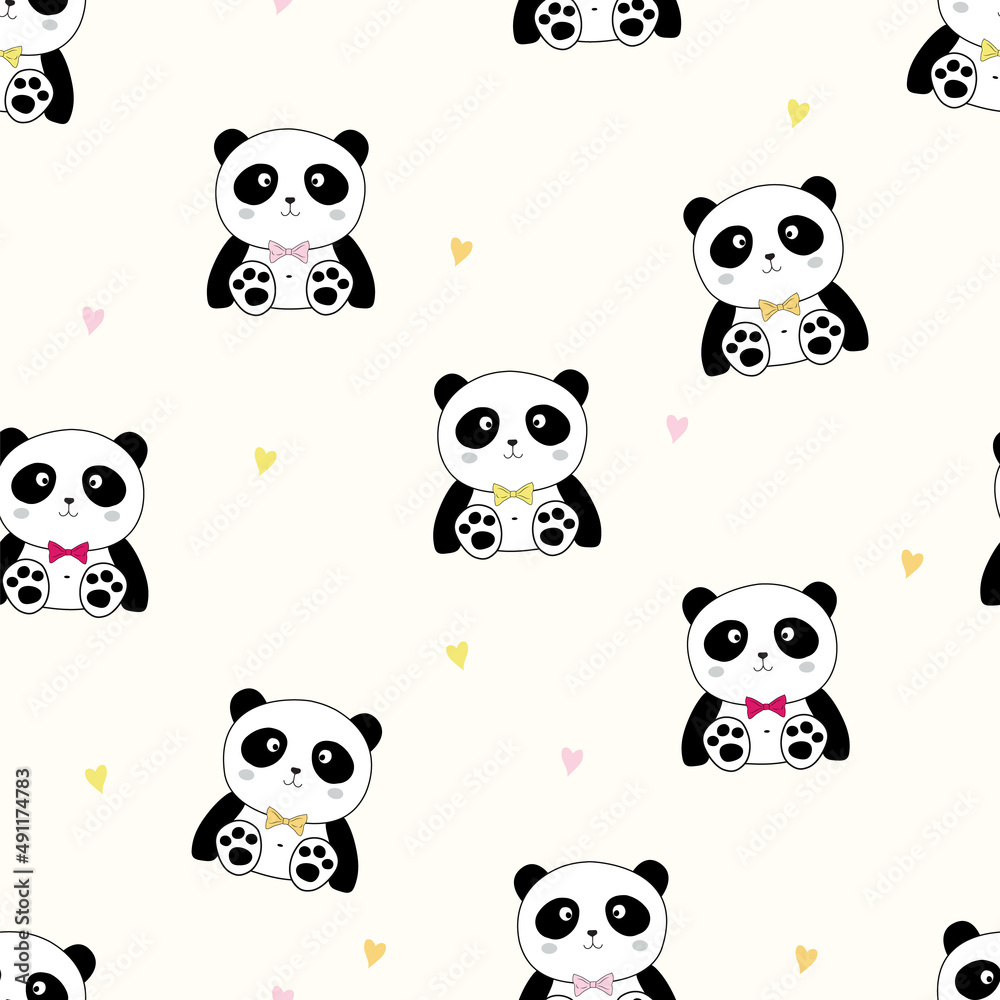Cute Panda seamless pattern with colorful hearts