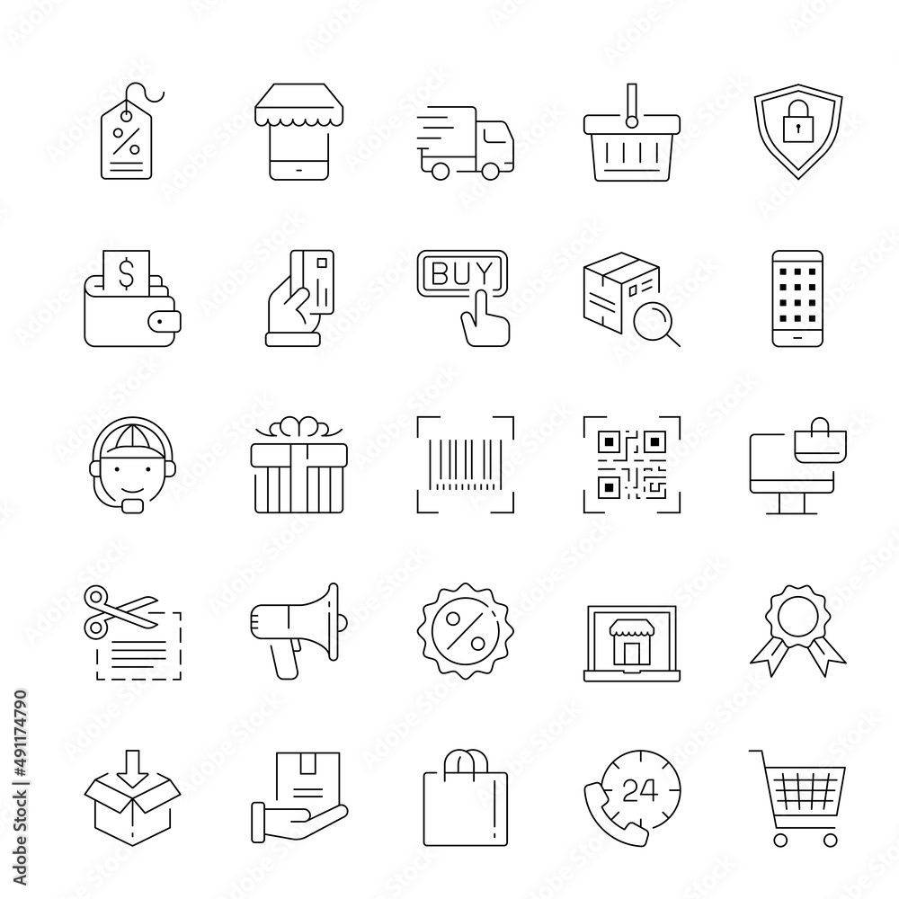 Shopping and E-commerce, thin line icon set, vector illustration.
Shopping and E-commerce, thin line icon set, vector illustration.