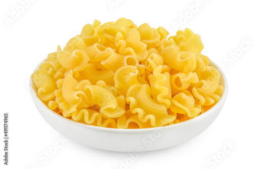 Pasta cornetti creste macaroni in bowl isolated on white background with clipping path and full depth of field