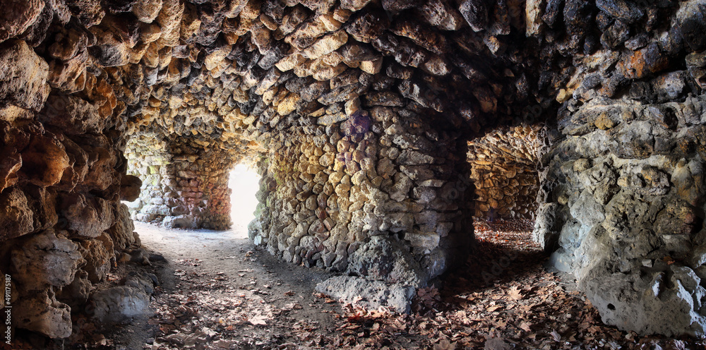Inside the old abandoned stone furnace - obrazy, fototapety, plakaty 