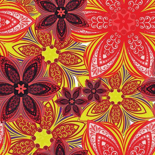 Flowers. Seamless pattern with decorative stylized flowering plants with mandala elements for packaging, holidays and decorations. Summer spring vector image. 