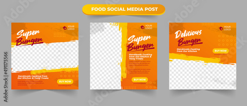 Super burger beef promotion food menu in yellow and orange theme for social media content post square flyer banner template