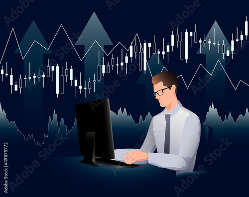 A stock market trader looking at the computer screen. Broker working on the stock market. Vector illustration