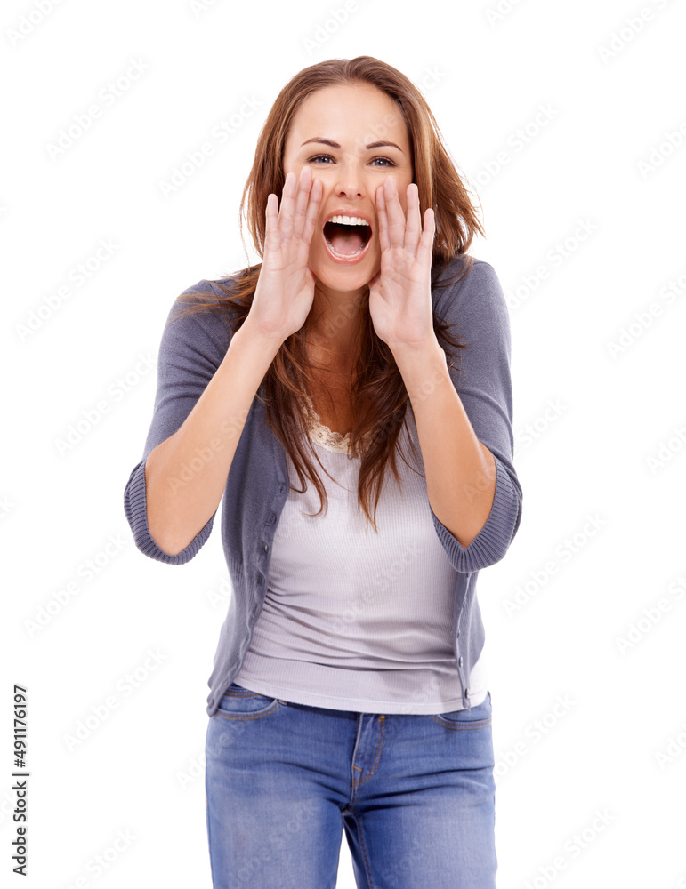 Hey over there. Casually dressed woman yelling loudly isolated on white. Hey over there. Casually dressed woman yelling loudly isolated on white.
