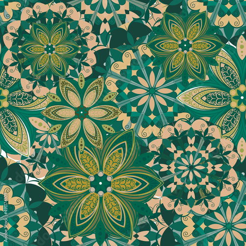 Flowers. Seamless pattern with decorative stylized flowering plants with mandala elements for packaging, holidays and decorations. Summer spring vector image. 