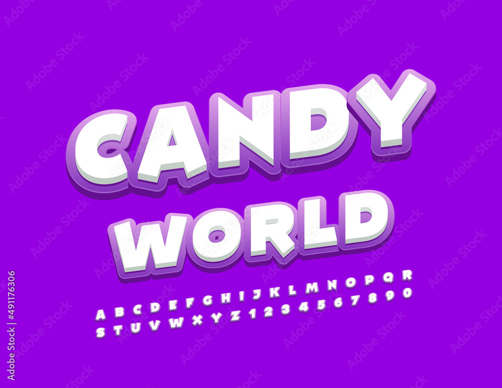 Vector bright emblem Candy World with White and Purple Font. Funny Alphabet Letters and Numbers set