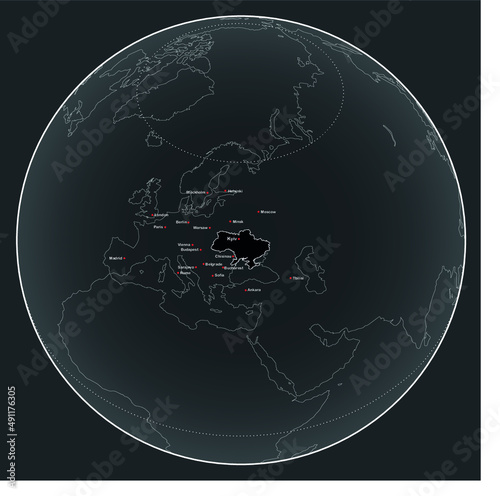 World map with Ukraine at the centre - vector with capital city names and polar circle and equator marked 
