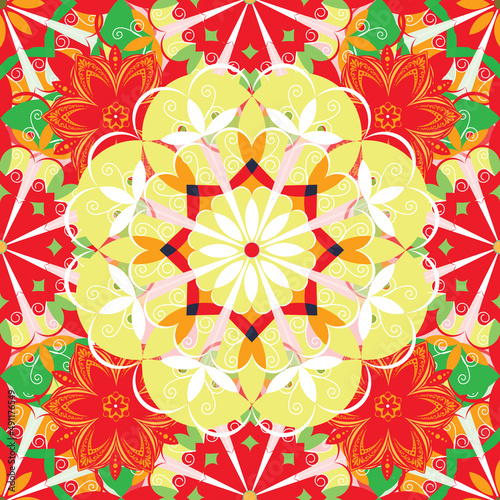 Flowers. Seamless pattern with decorative stylized flowering plants with mandala elements for packaging, holidays and decorations. Summer spring vector image. 
