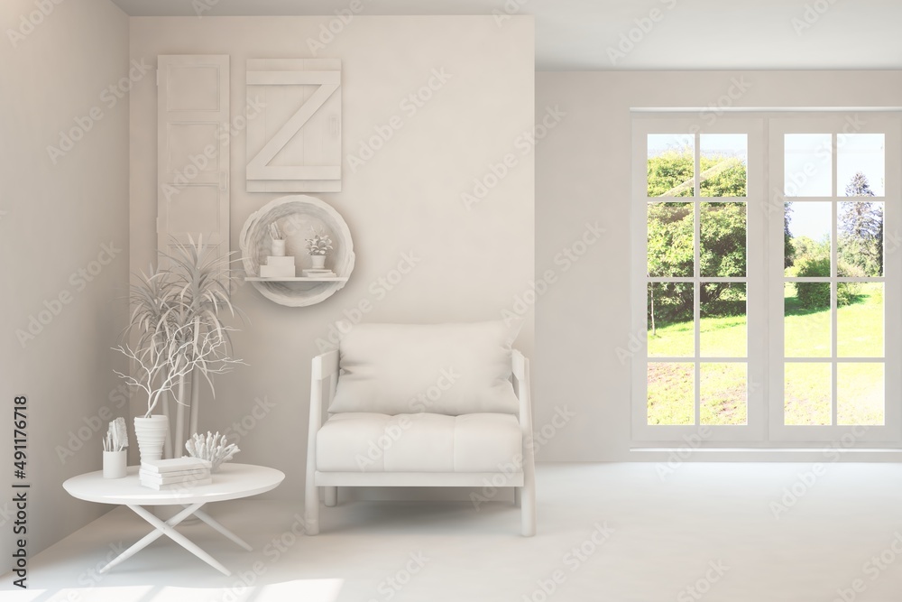 Obraz premium Mock up of stylish room in white color with armchair and green landscape in window. Scandinavian interior design. 3D illustration