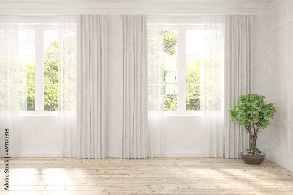 Fototapeta premium White empty room with summer landscape in window. Scandinavian interior design. 3D illustration