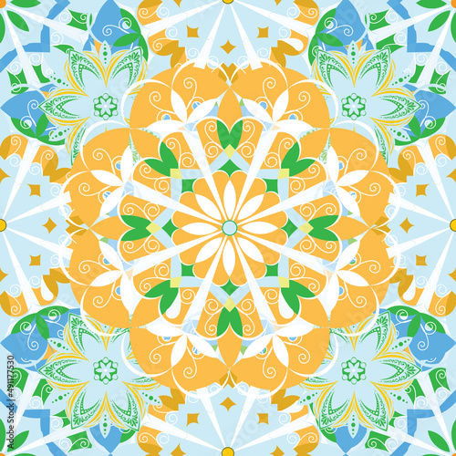 Flowers. Seamless pattern with decorative stylized flowering plants with mandala elements for packaging, holidays and decorations. Summer spring vector image. 