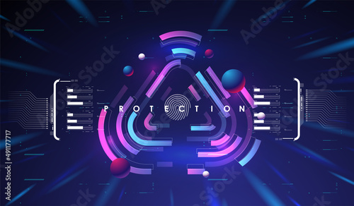 Cyber security. Online information protect, internet digital technology background. Fingerprint scanning on futuristic neon background.