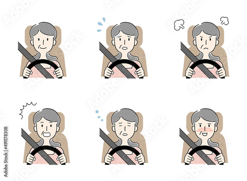 運転をする高齢女性のベクターイラストセット