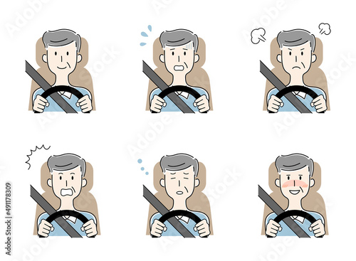 運転をする高齢男性のベクターイラストセット