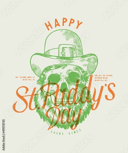 Leprechaun skull. Happy St. Paddy's day silkscreen vintage typography t-shirt print vector illustration.