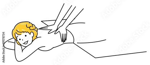 うつ伏せに寝てマッサージを受けている可愛い女性 シンプル イラスト ベクター
Cute lady lying on her stomach getting a massage. Simple Illustration Vector