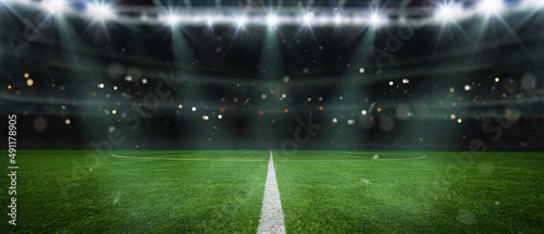 Fototapeta Naklejka Na Ścianę i Meble -  textured soccer game field with neon fog - center, midfield, 3D Illustration