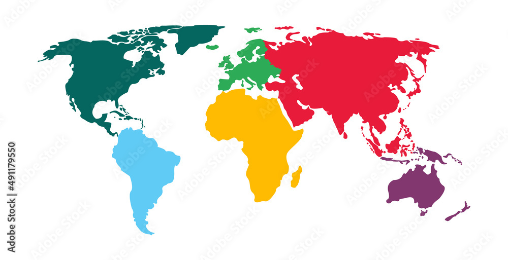 The world map is divided into six continents in different colors. Each continent in a different