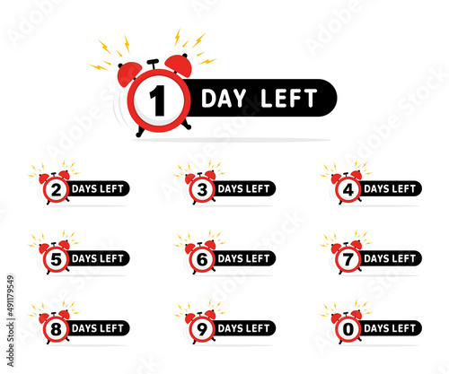 Days Left Badges and Stickers. Countdown of days 1,2,3,4,5,6,7,8,9,0. Sale time countdown. Offer timer, sticker limited to few days. Countdown banner of days to go. Vector illustration. Flat style photo