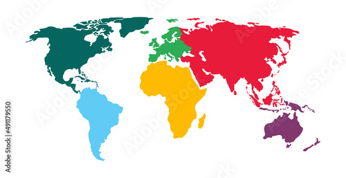 The world map is divided into six continents in different colors. Each continent in a different color. Colorful map of the world of 6 isolated continents. Vector illustration