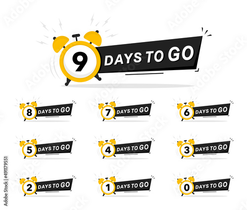 Days Left Badges and Stickers. Countdown of days 1,2,3,4,5,6,7,8,9,0. Sale time countdown. Offer timer, sticker limited to few days. Countdown banner of days to go. Vector illustration. Flat style